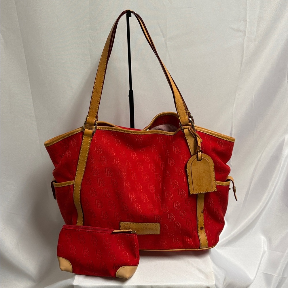 Dooney & Bourke Jacquard Logo Canvas XL Tote Bag with Matching Pouch Red/Tan